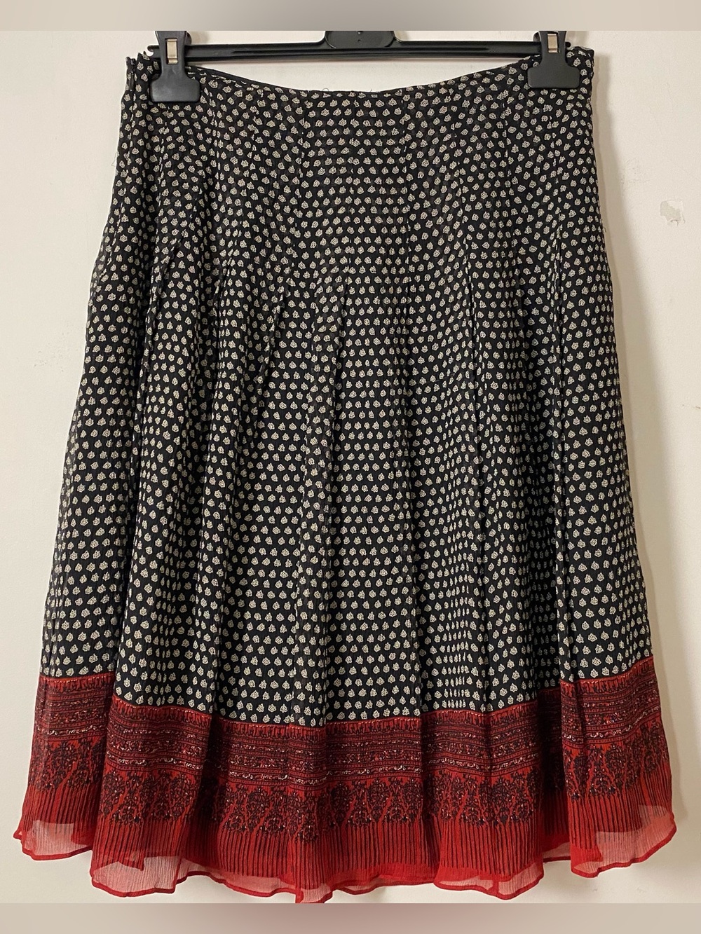 Anne Klein 100% Silk Black Printed Midi Skirt with Red Border